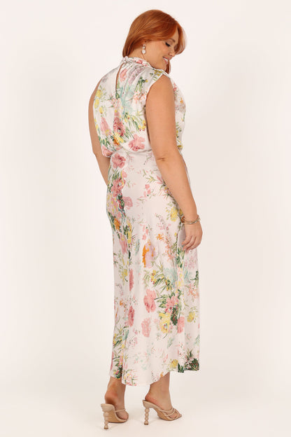 White Floral Anabelle Halter Midi Dress in Pink Floral