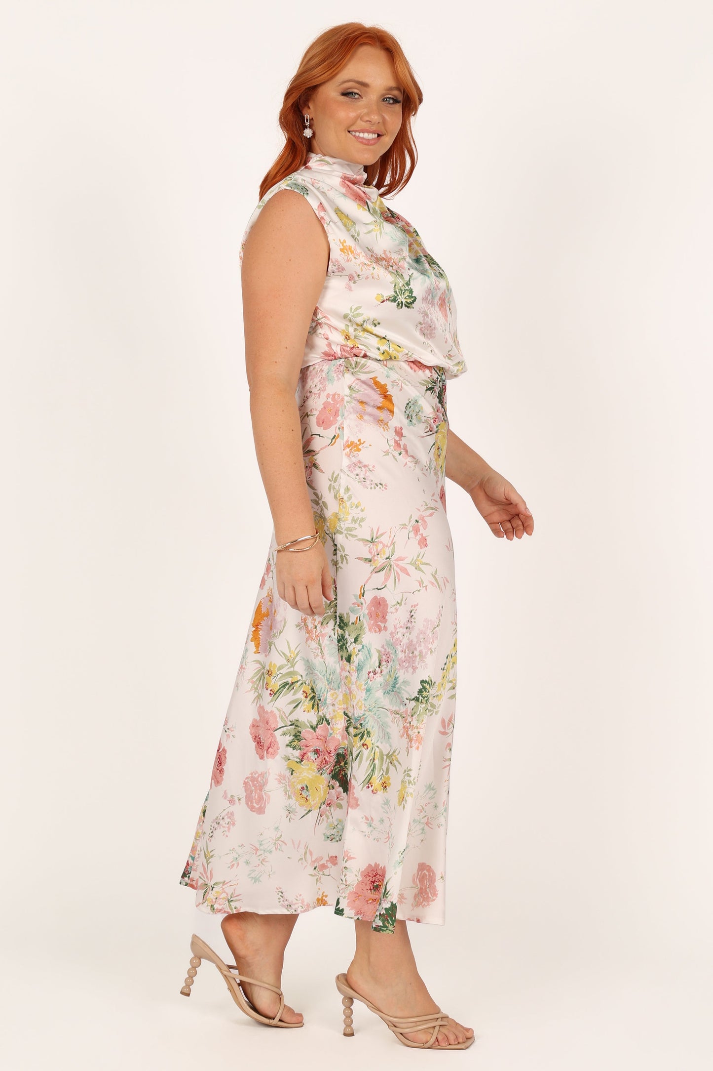 White Floral Anabelle Halter Midi Dress in Pink Floral