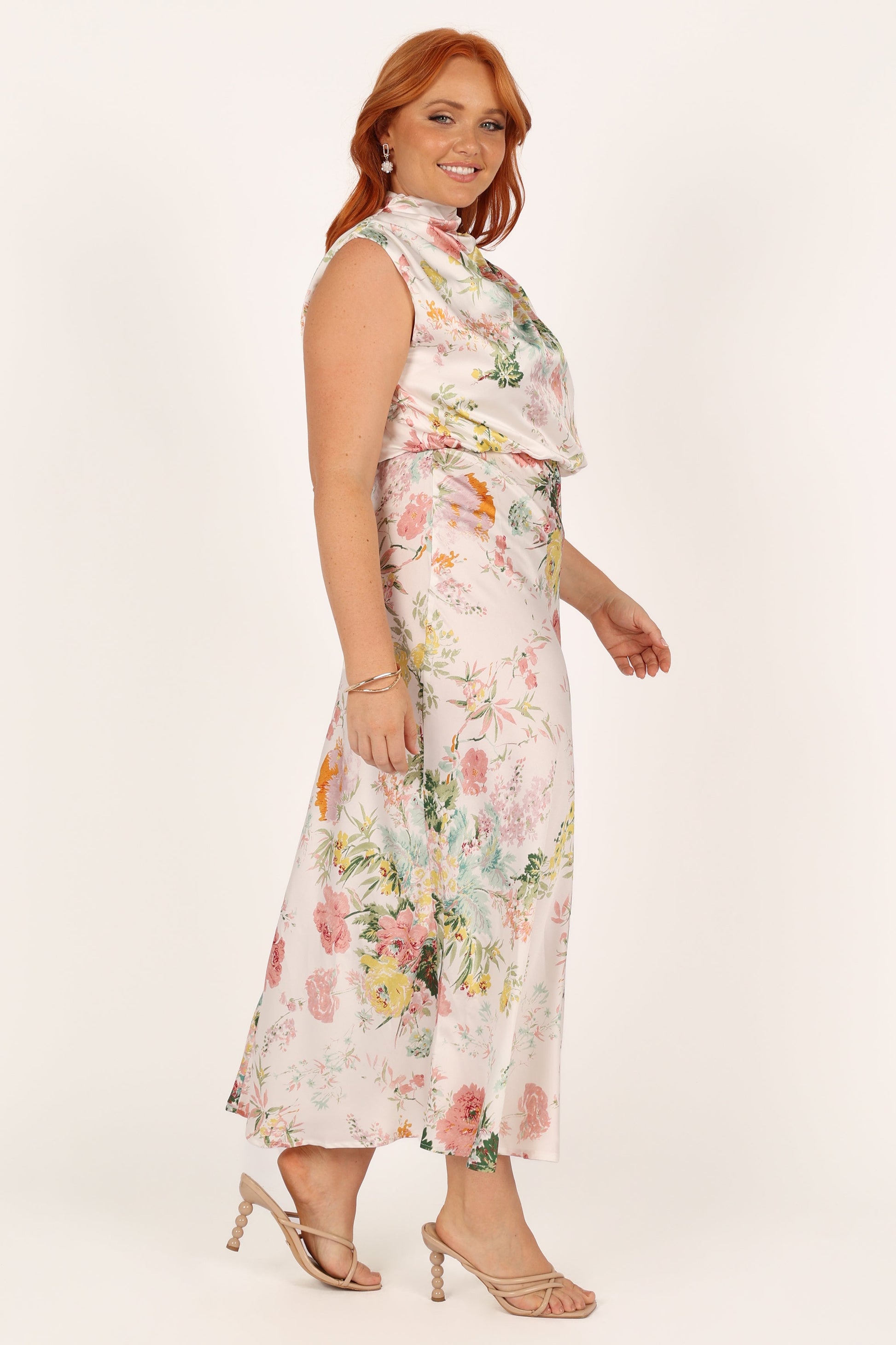 White Floral Anabelle Halter Midi Dress in Pink Floral