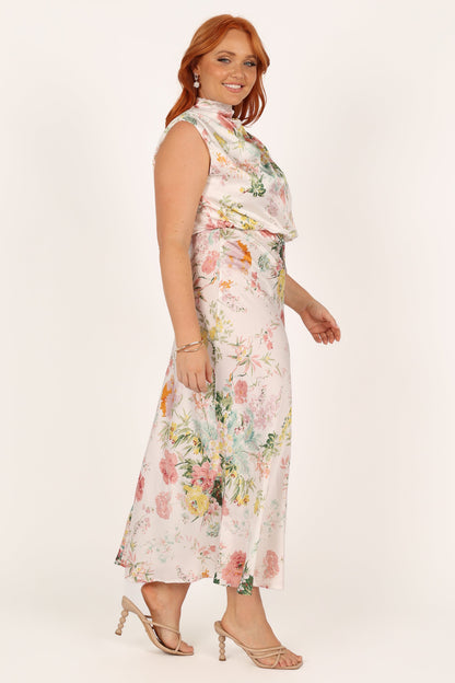 White Floral Anabelle Halter Midi Dress in Pink Floral