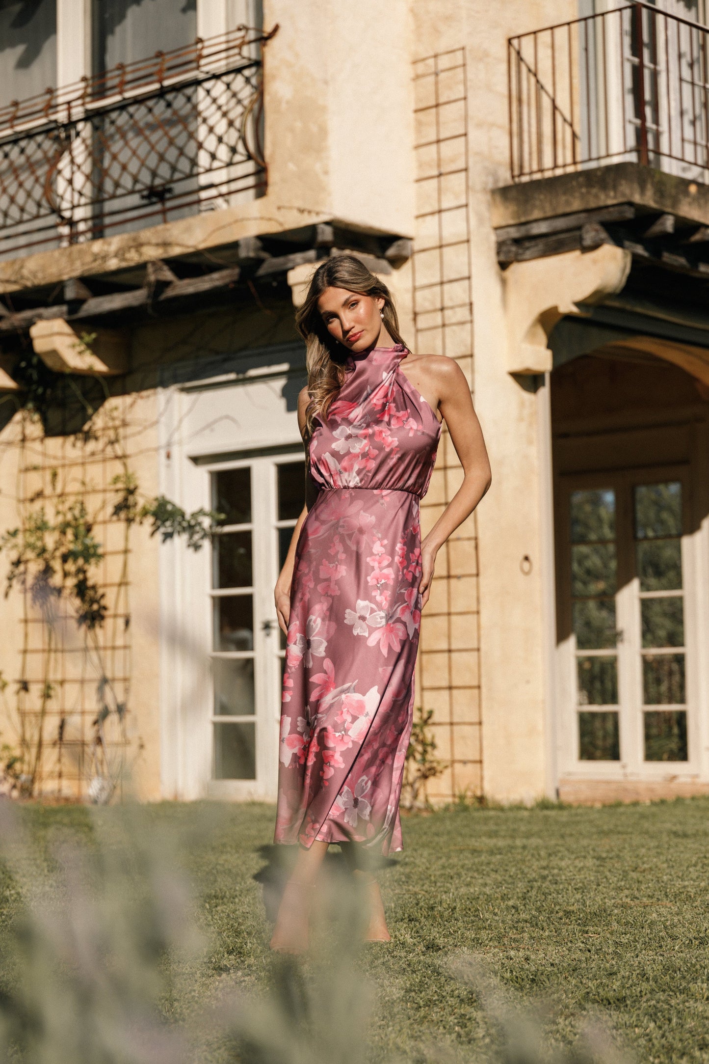 Dark Rose Floral Anabelle Halter Midi Dress in Pink Floral