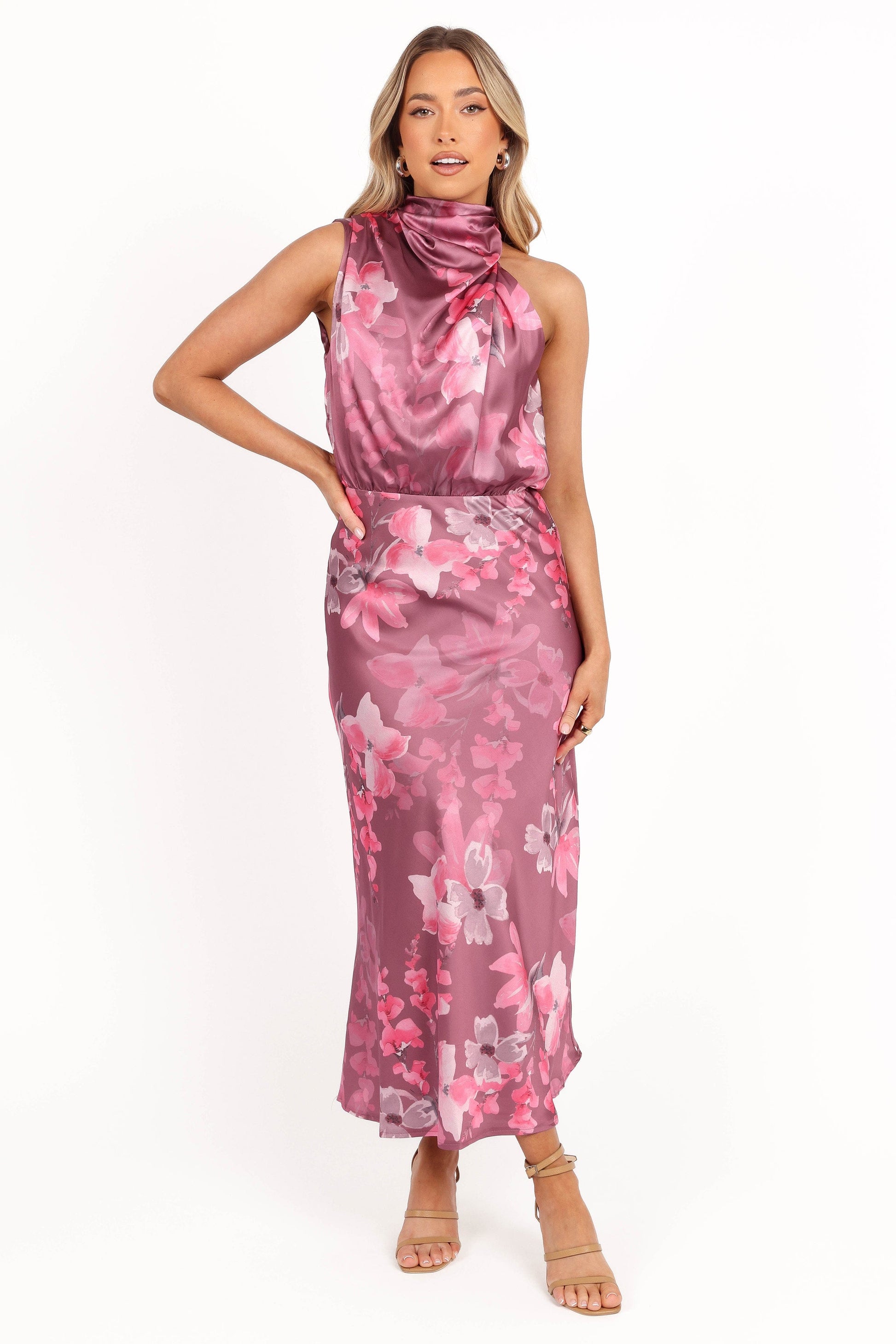 Dark Rose Floral Anabelle Halter Midi Dress in Pink Floral