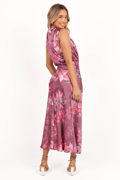 Dark Rose Floral Anabelle Halter Midi Dress in Pink Floral