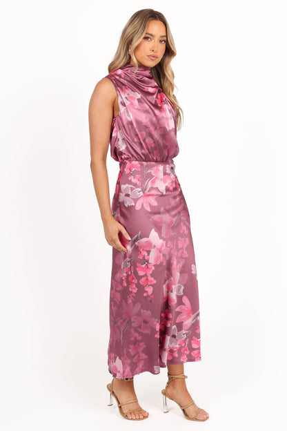 Dark Rose Floral Anabelle Halter Midi Dress in Pink Floral