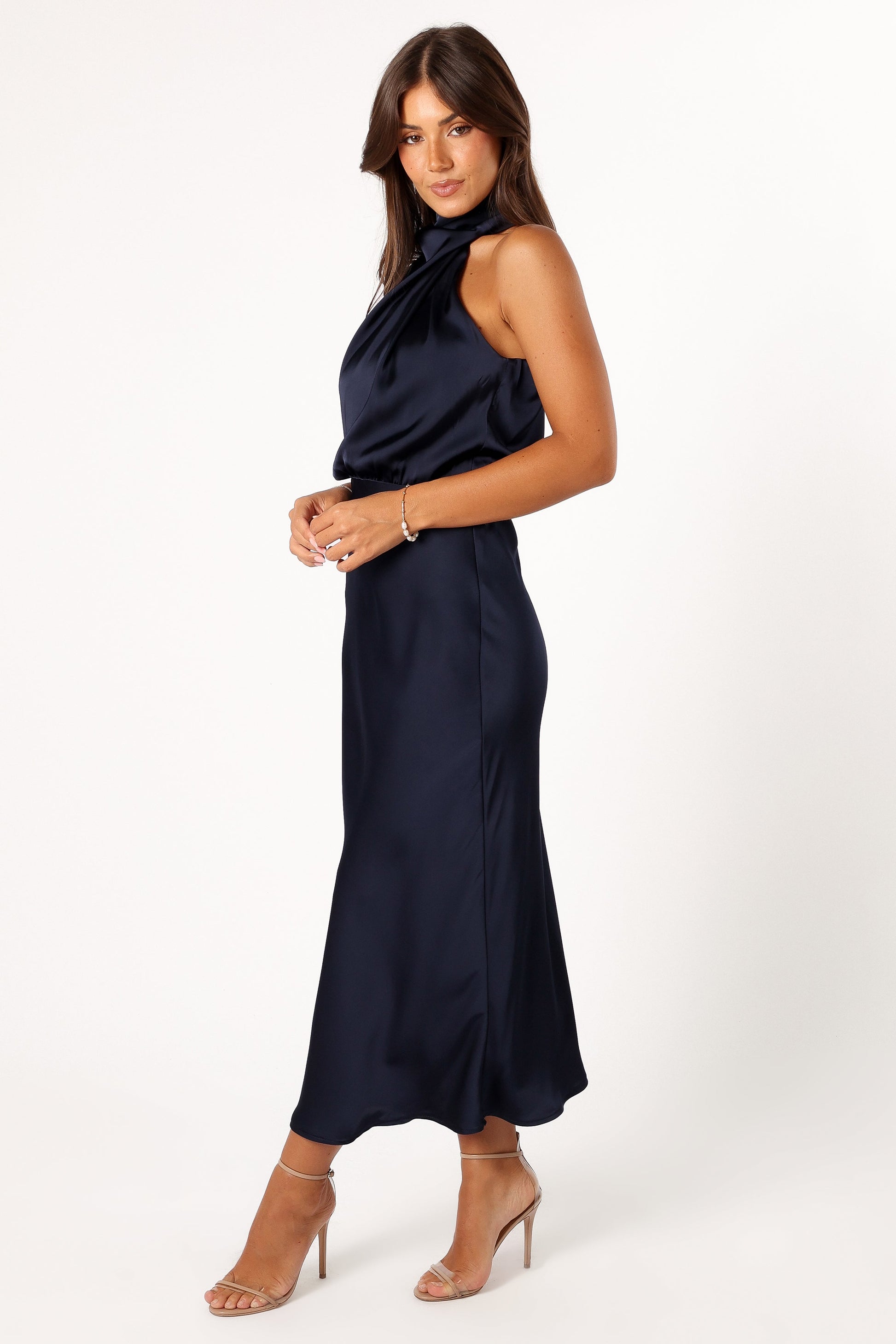Navy Anabelle Halter Midi Dress in Pink Floral