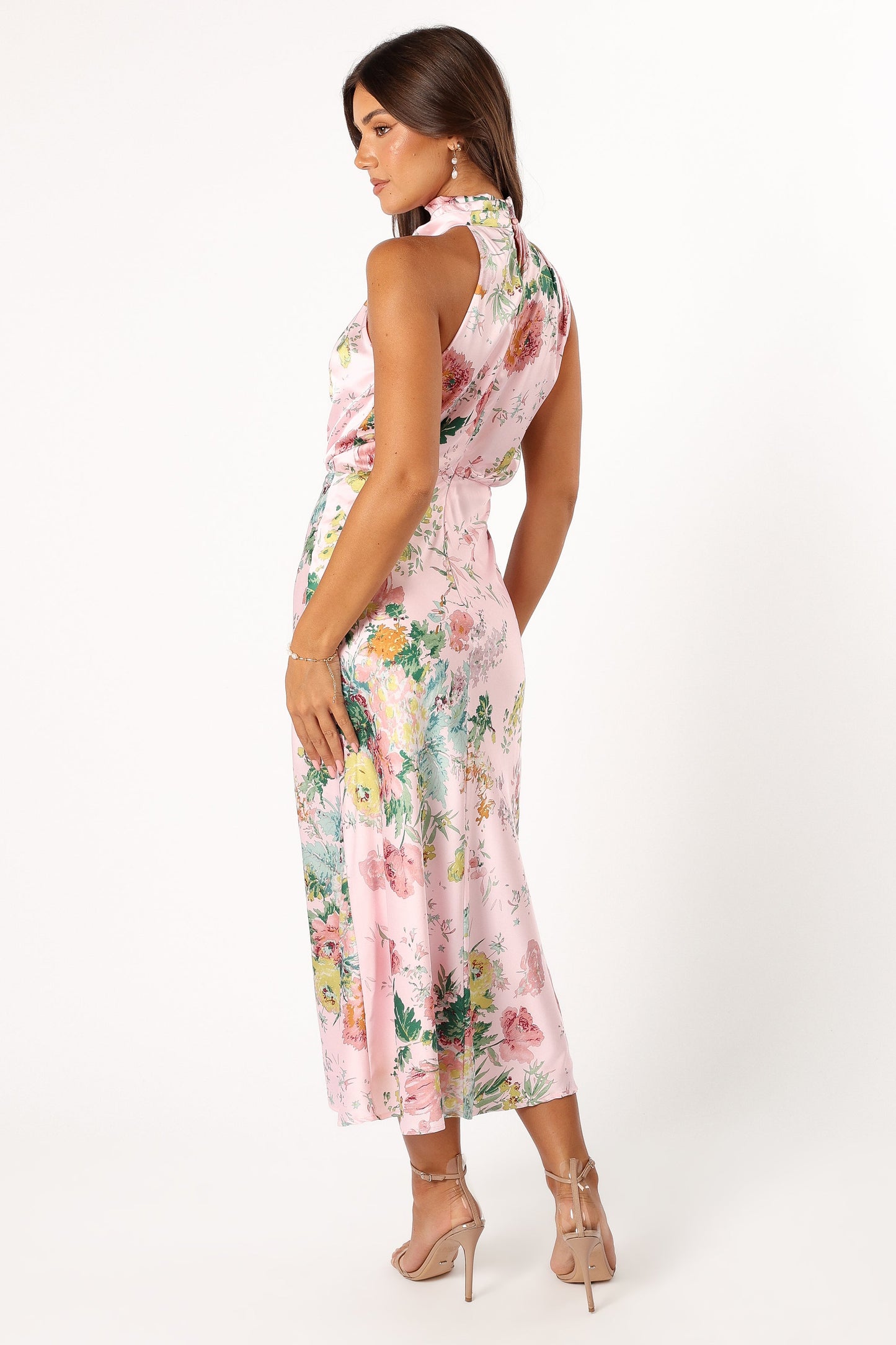 Pink Floral Anabelle Halter Midi Dress in Pink Floral