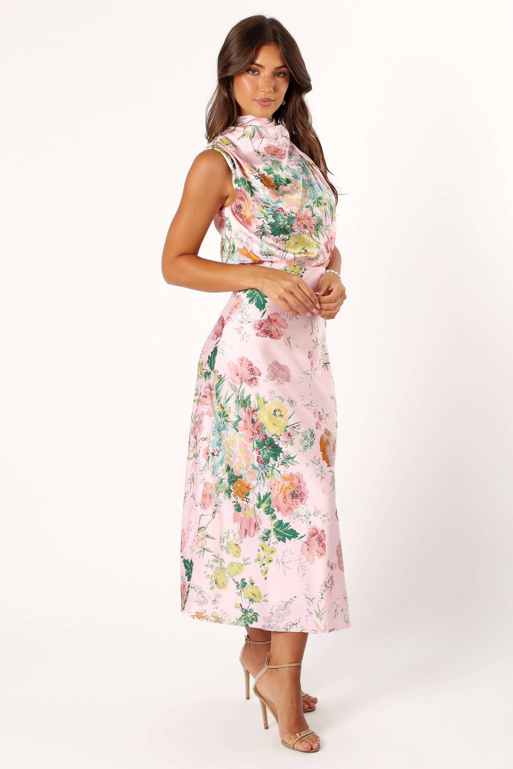 Pink Floral Anabelle Halter Midi Dress in Pink Floral