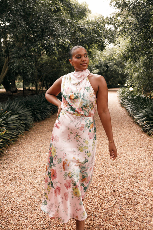 Pink Floral Anabelle Halter Midi Dress in Pink Floral