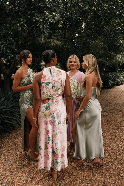 Pink Floral Anabelle Halter Midi Dress in Pink Floral