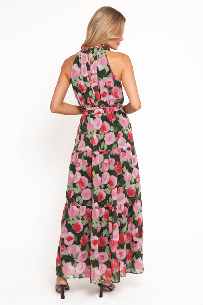 Black Floral Caroline Halter Maxi Dress in Rust