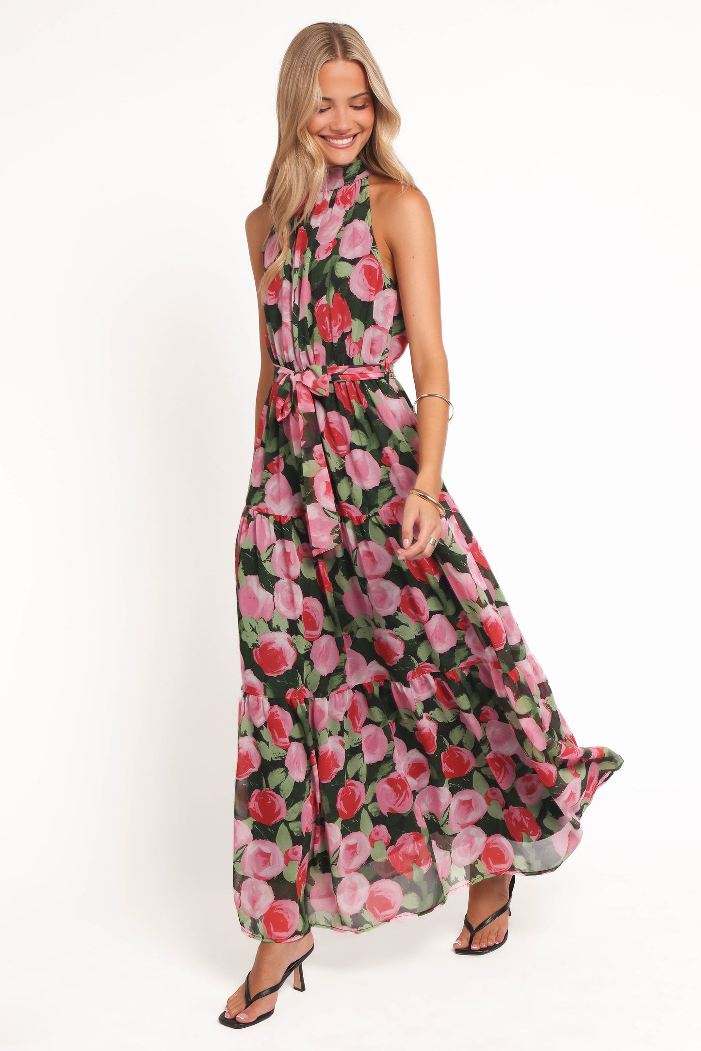 Black Floral Caroline Halter Maxi Dress in Rust