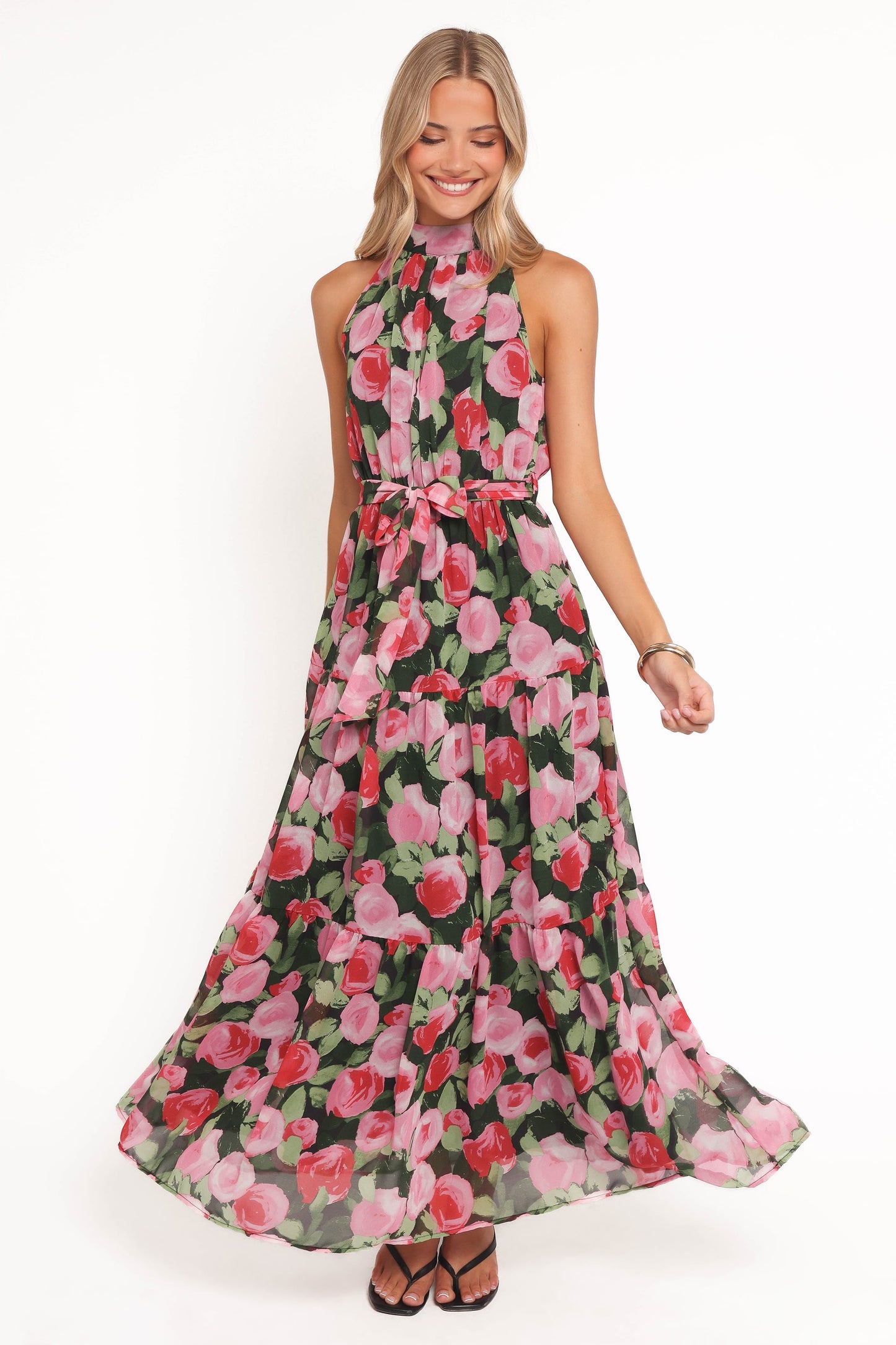 Black Floral Caroline Halter Maxi Dress in Rust