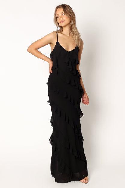 Black Celia Ruffle Maxi Dress in Cerulean