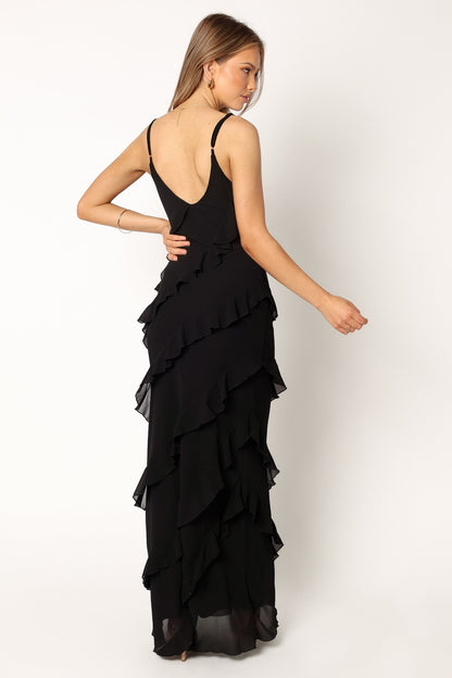 Black Celia Ruffle Maxi Dress in Cerulean
