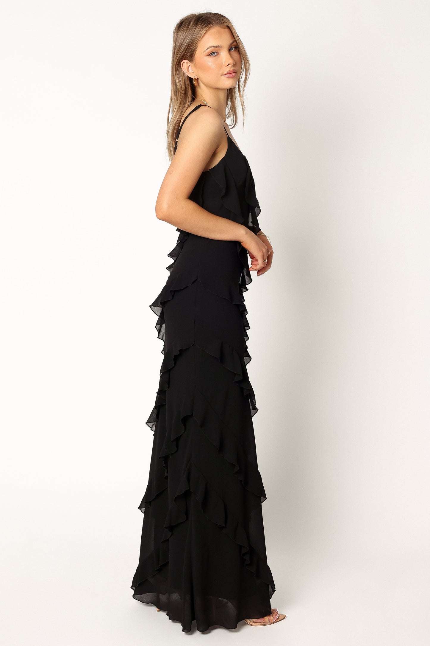 Black Celia Ruffle Maxi Dress in Cerulean