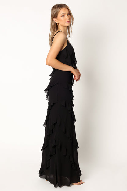 Black Celia Ruffle Maxi Dress in Cerulean