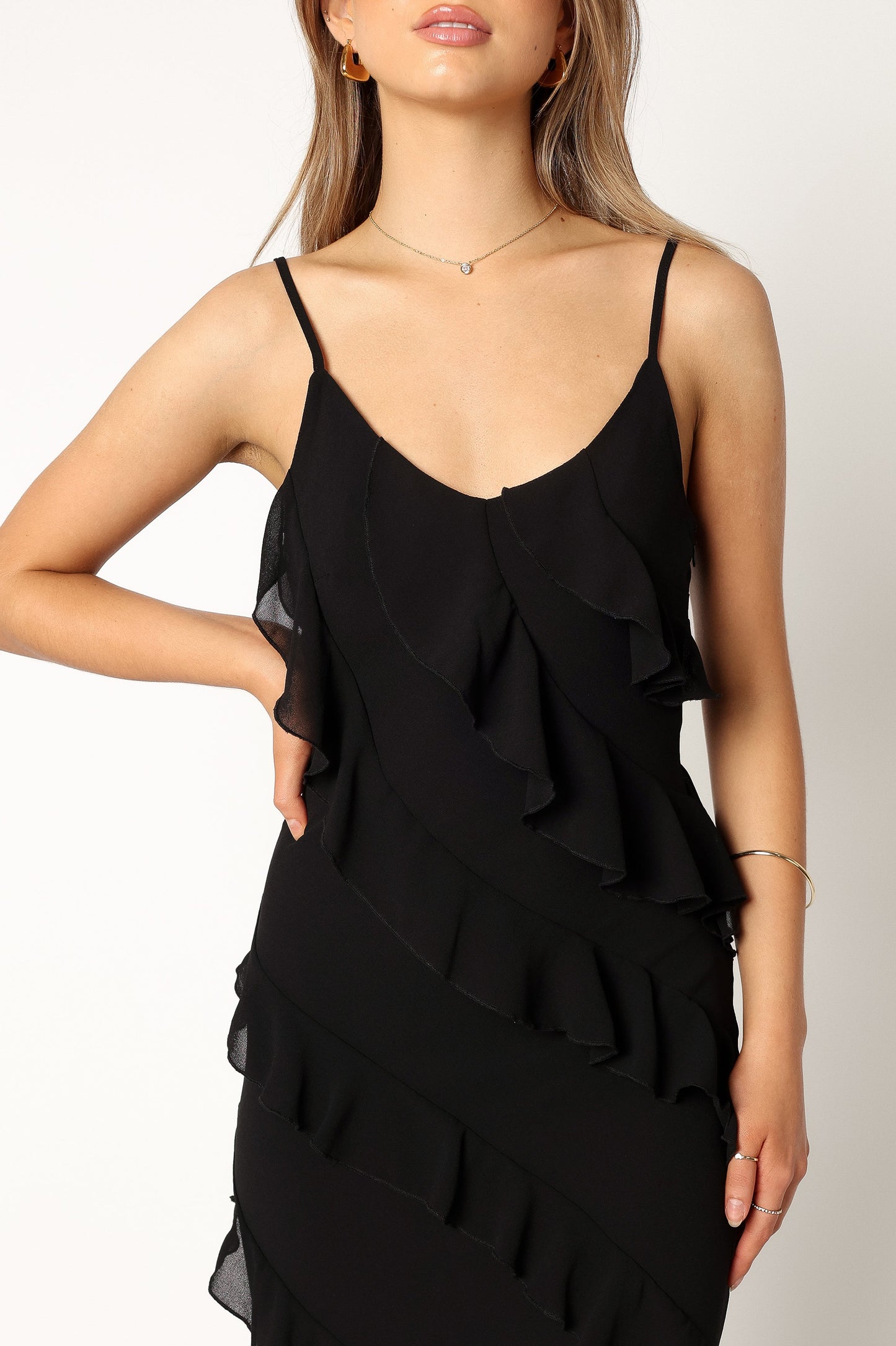 Black Celia Ruffle Maxi Dress in Cerulean