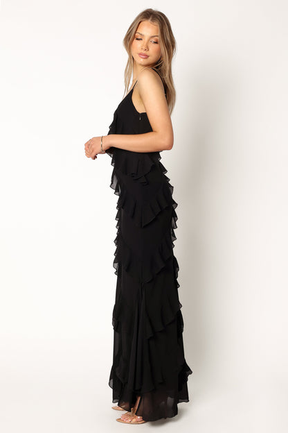 Black Celia Ruffle Maxi Dress in Cerulean
