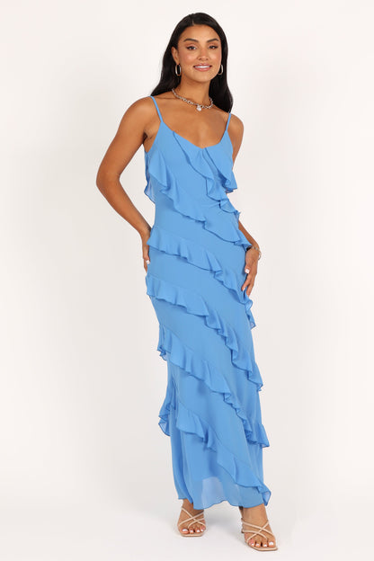 Blue Celia Ruffle Maxi Dress in Cerulean