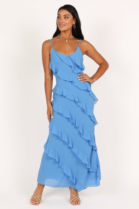 Blue Celia Ruffle Maxi Dress in Cerulean
