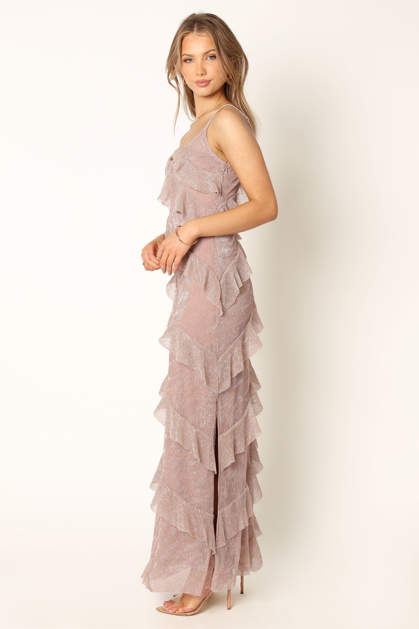 Dusty Lavender Celia Ruffle Maxi Dress in Cerulean