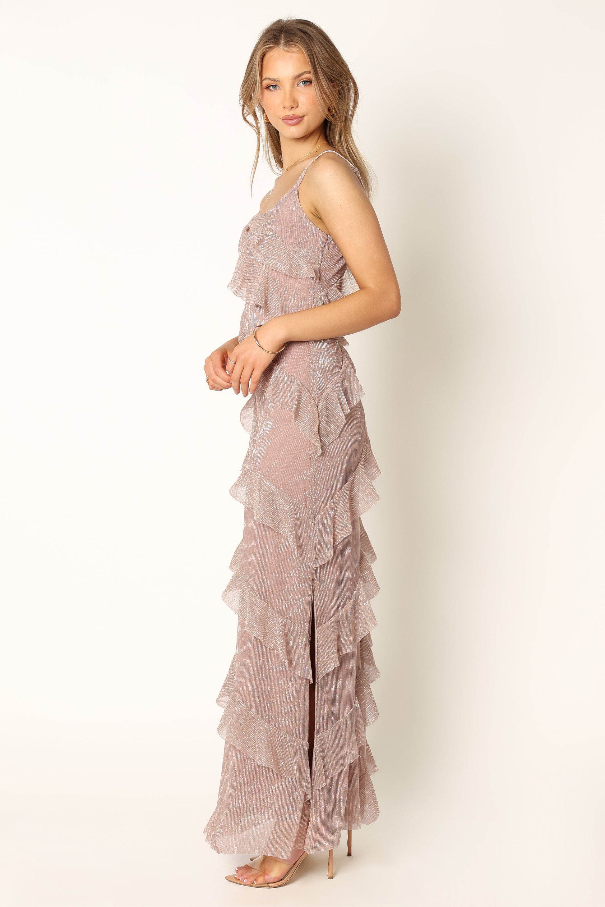 Dusty Lavender Celia Ruffle Maxi Dress in Cerulean