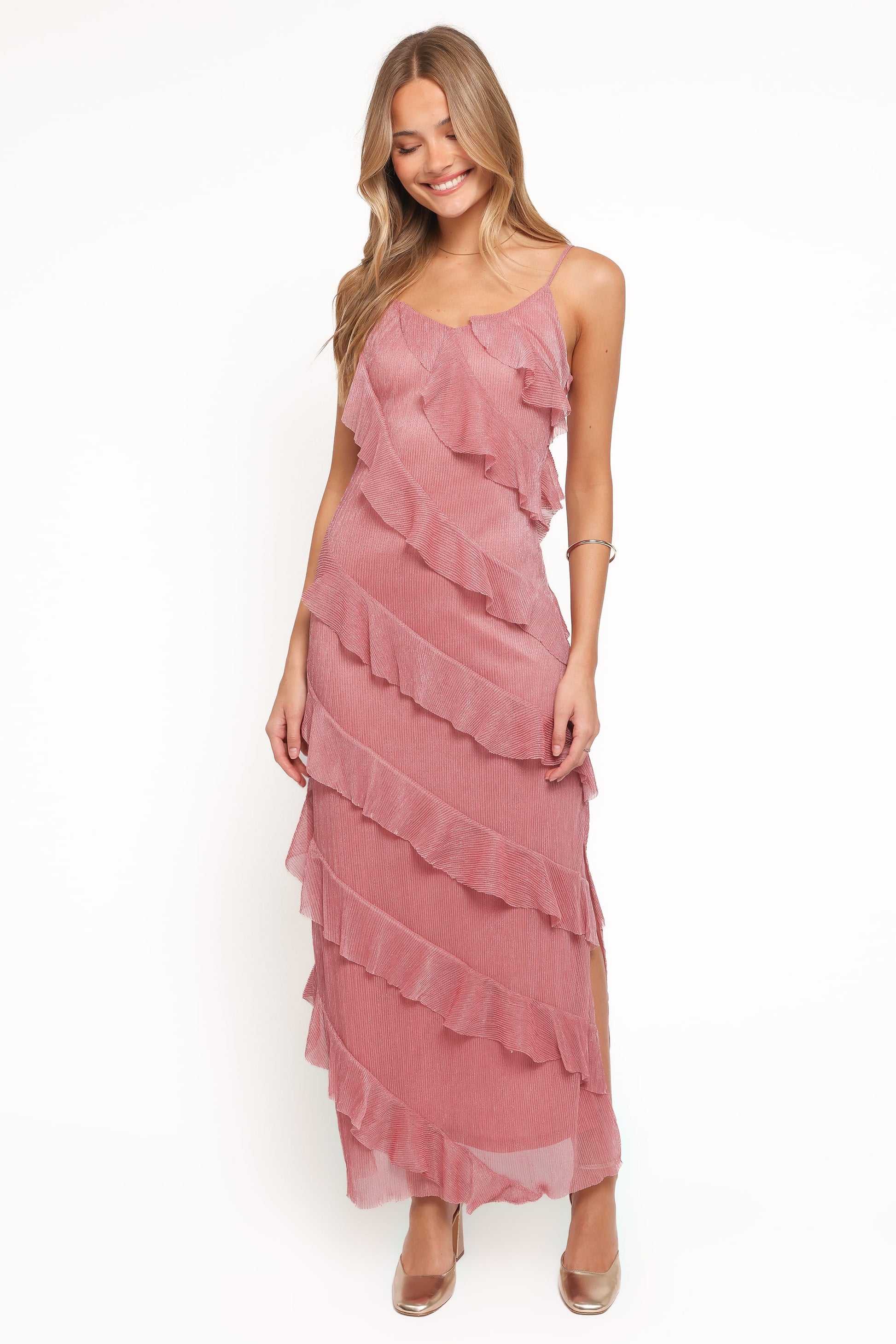 Pink Celia Ruffle Maxi Dress in Cerulean