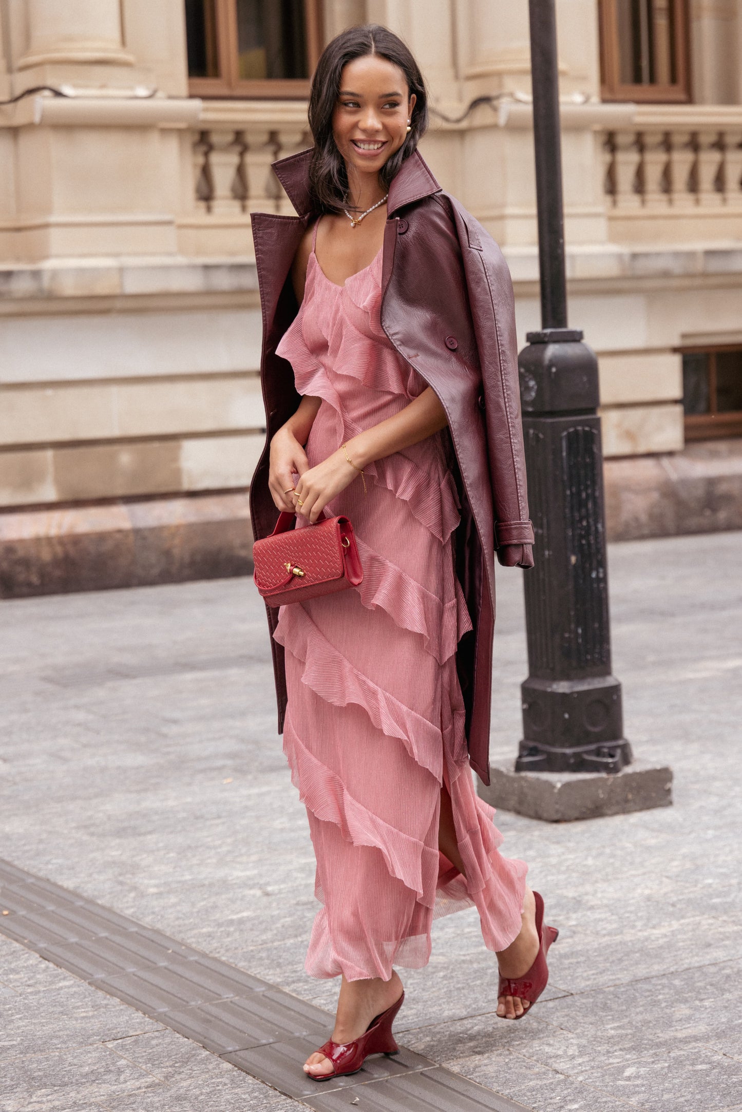 Pink Celia Ruffle Maxi Dress in Cerulean