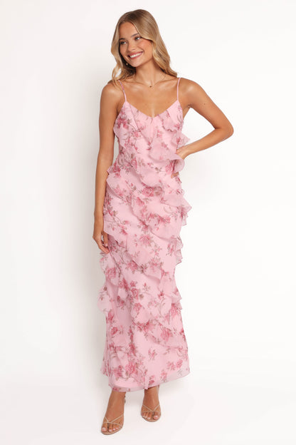 Pink Floral Celia Ruffle Maxi Dress in Cerulean
