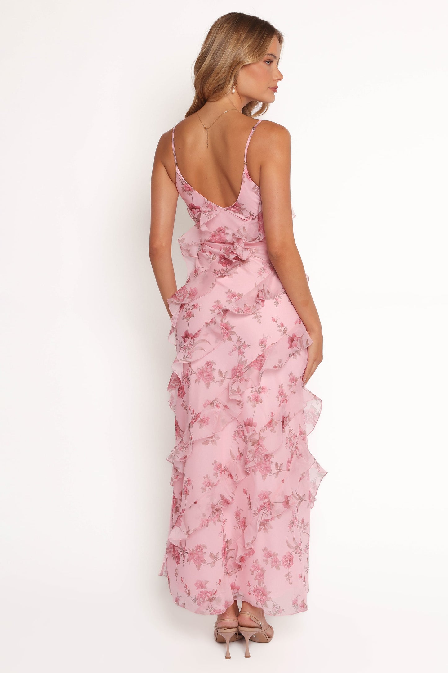 Pink Floral Celia Ruffle Maxi Dress in Cerulean
