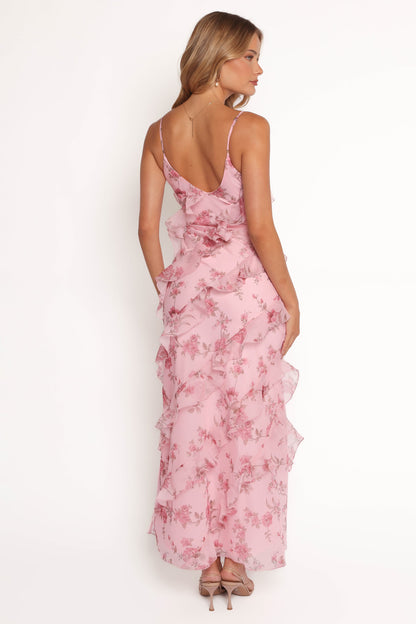 Pink Floral Celia Ruffle Maxi Dress in Cerulean