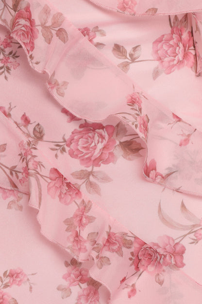 Pink Floral Celia Ruffle Maxi Dress in Cerulean