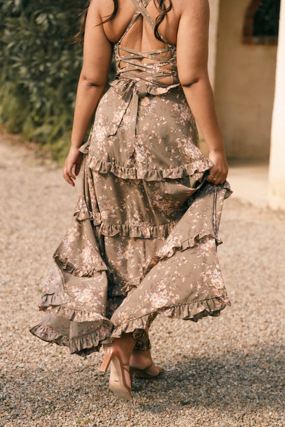 Olive Print Lillee Tiered Maxi Dress in Lavender Floral