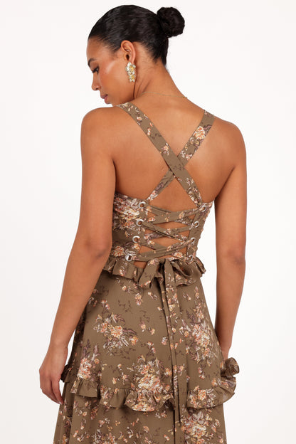 Olive Print Lillee Tiered Maxi Dress in Lavender Floral