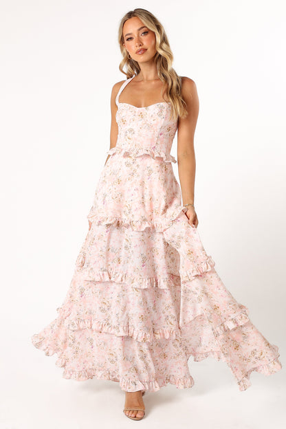 Pink Floral Lillee Tiered Maxi Dress in Lavender Floral