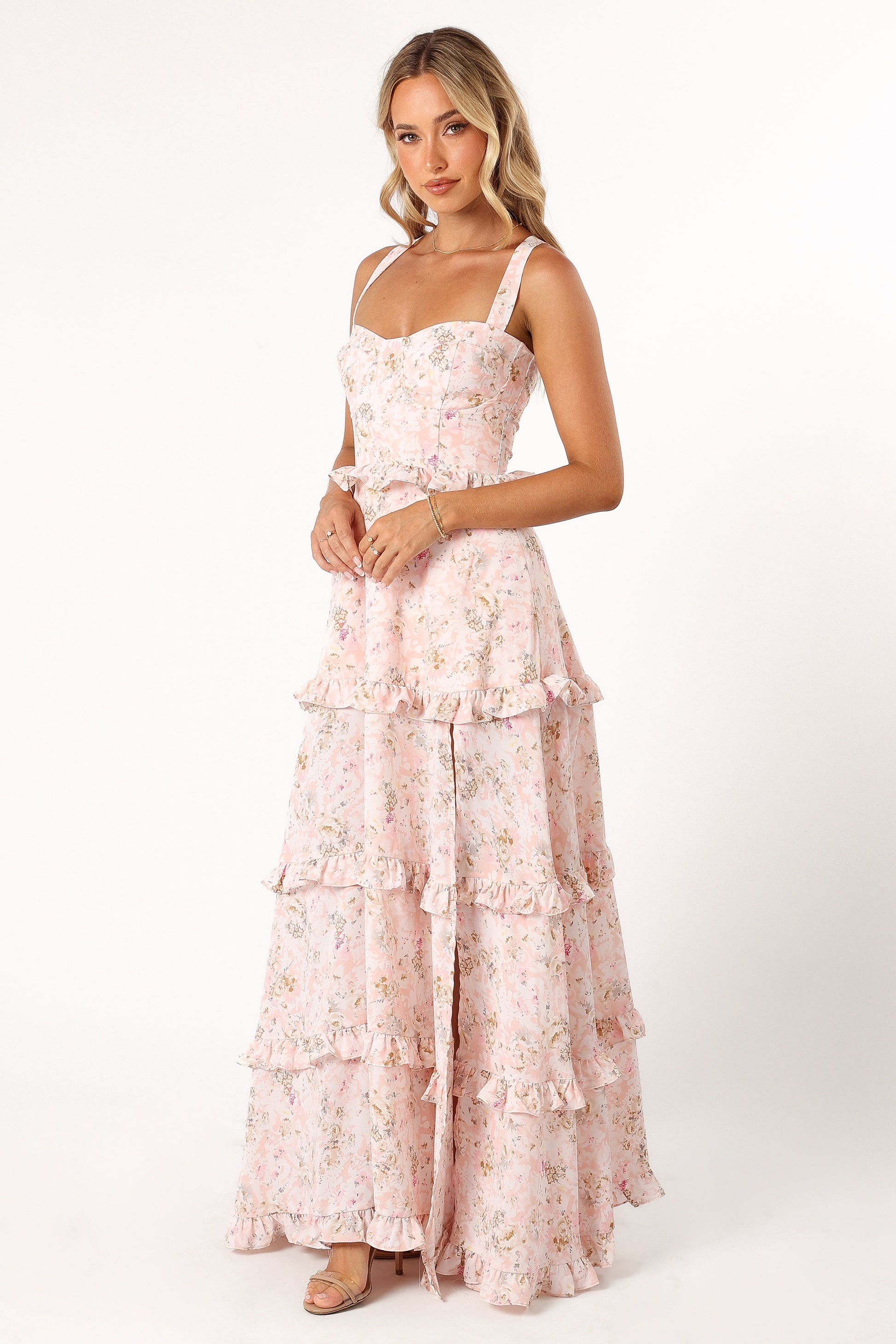 Pink Floral Lillee Tiered Maxi Dress in Lavender Floral