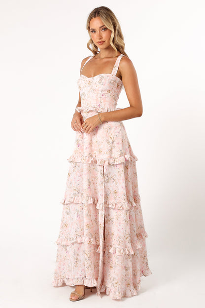 Pink Floral Lillee Tiered Maxi Dress in Lavender Floral