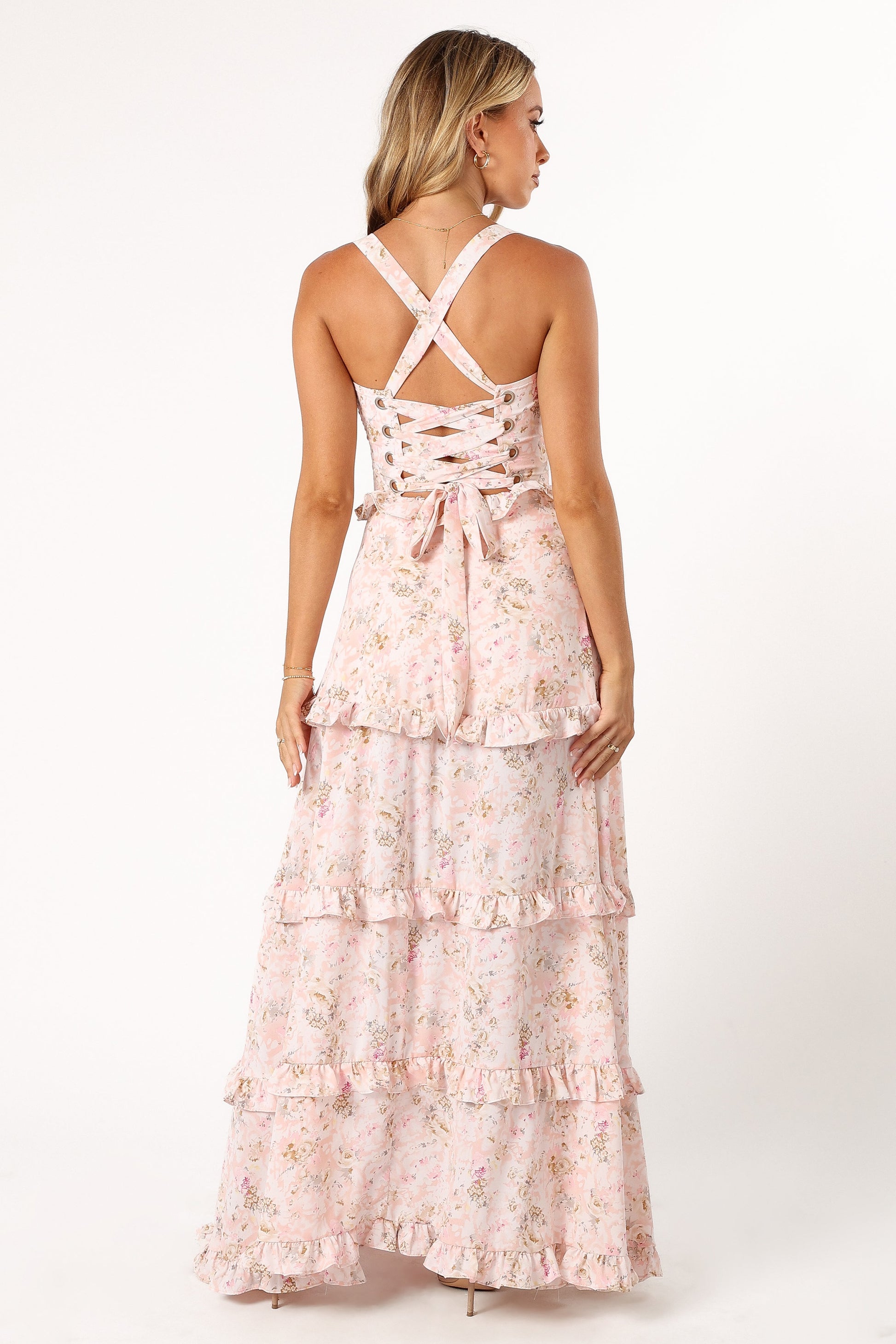 Pink Floral Lillee Tiered Maxi Dress in Lavender Floral