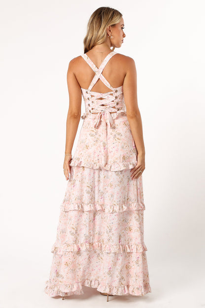 Pink Floral Lillee Tiered Maxi Dress in Lavender Floral
