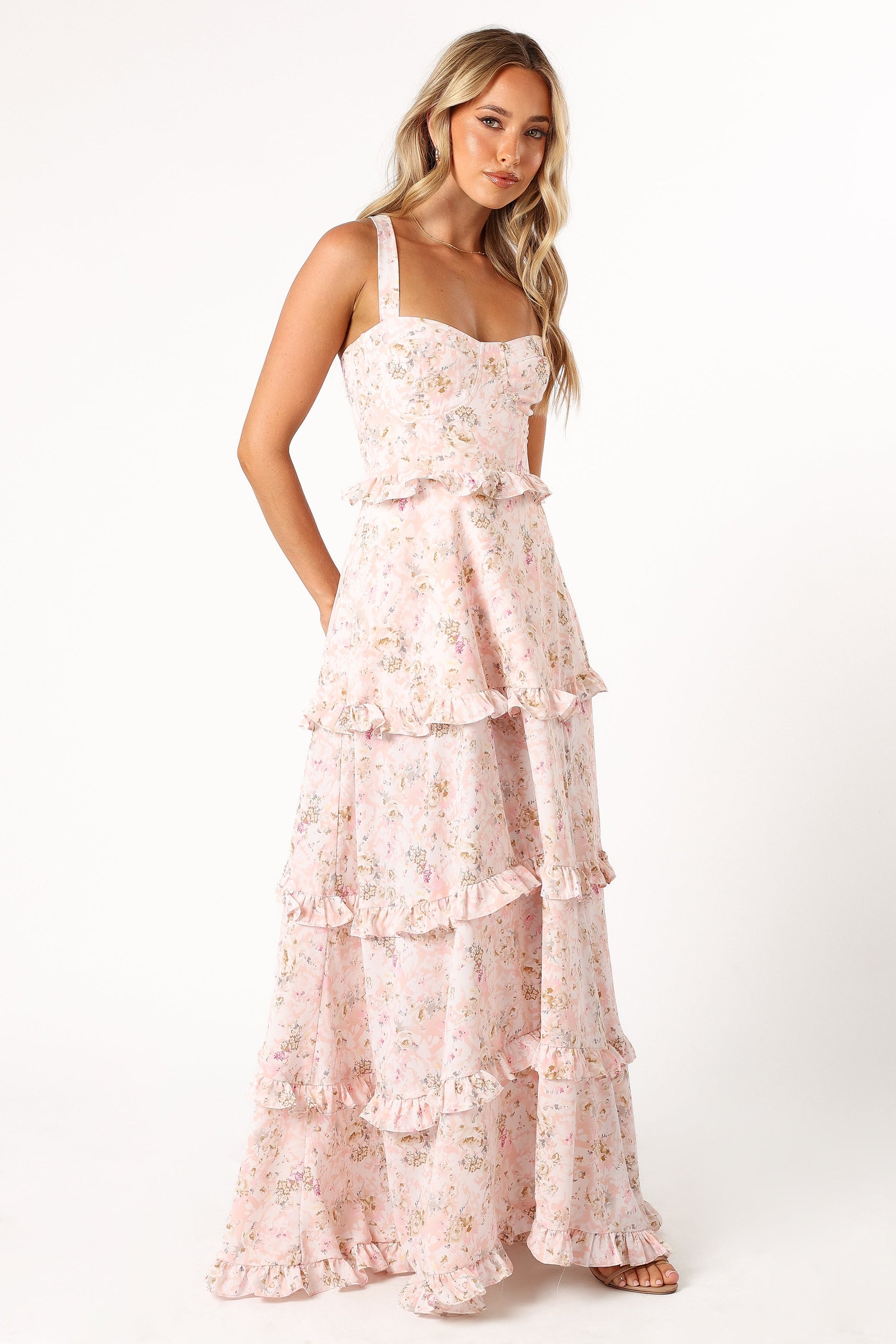 Pink Floral Lillee Tiered Maxi Dress in Lavender Floral