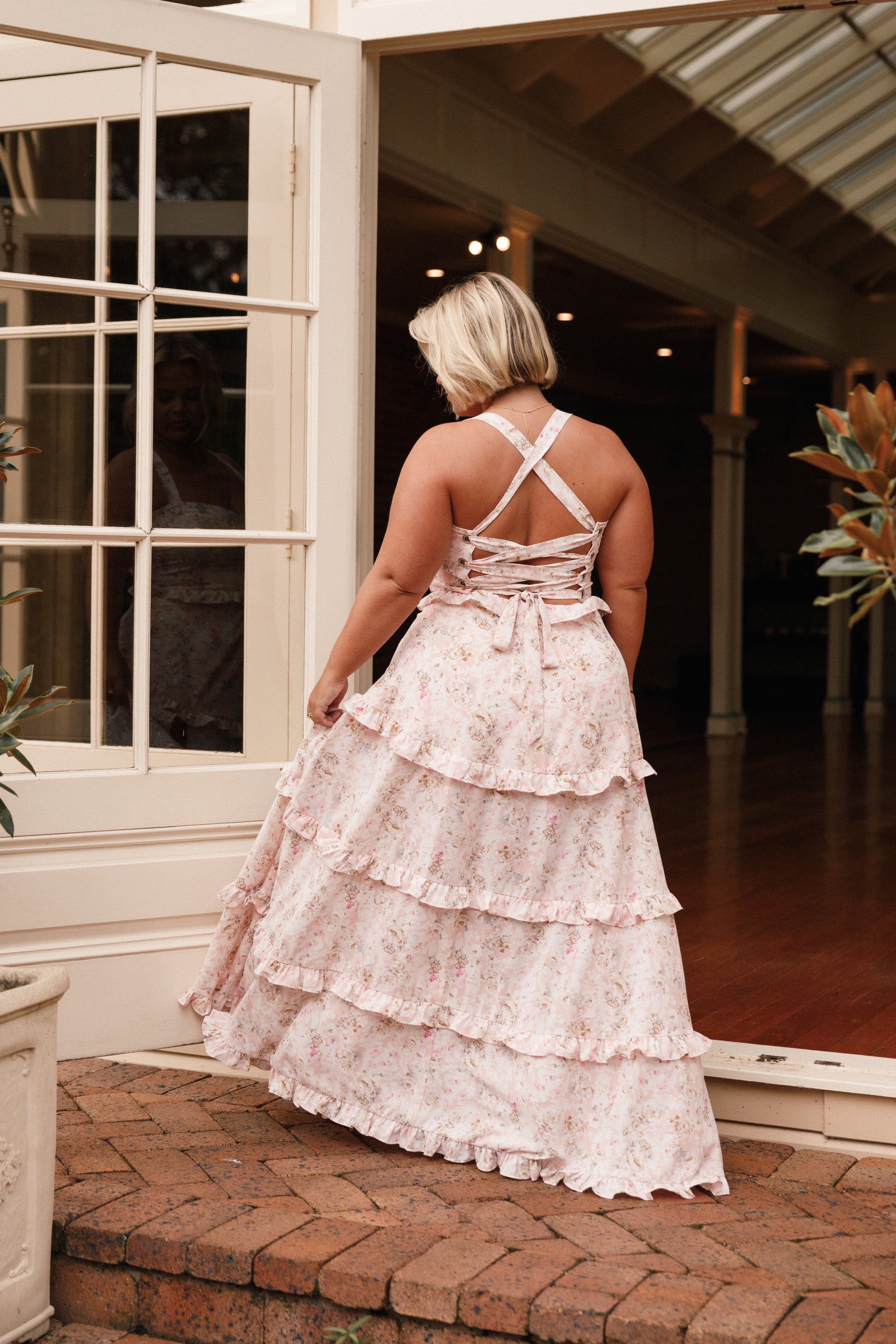 Pink Floral Lillee Tiered Maxi Dress in Lavender Floral
