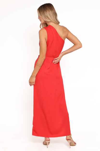 Red Jacquard Satin Nadia One-Shoulder Maxi Dress in Navy