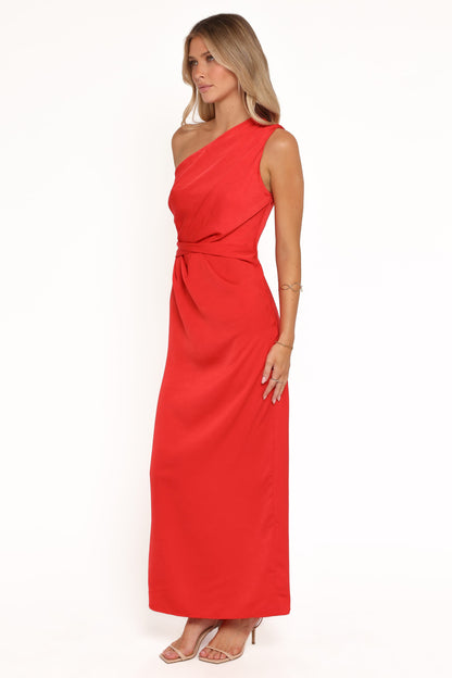 Red Jacquard Satin Nadia One-Shoulder Maxi Dress in Navy