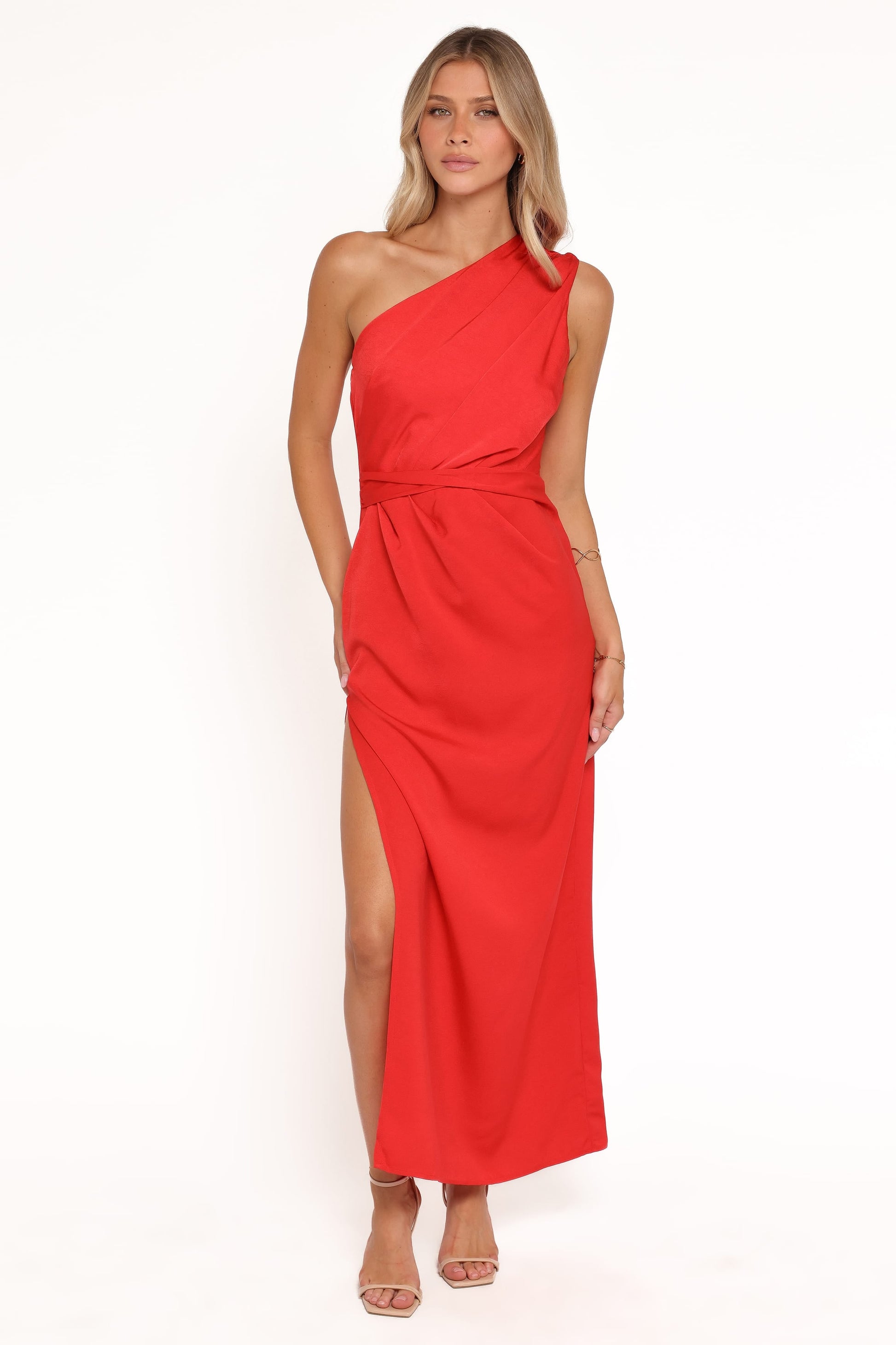 Red Jacquard Satin Nadia One-Shoulder Maxi Dress in Navy