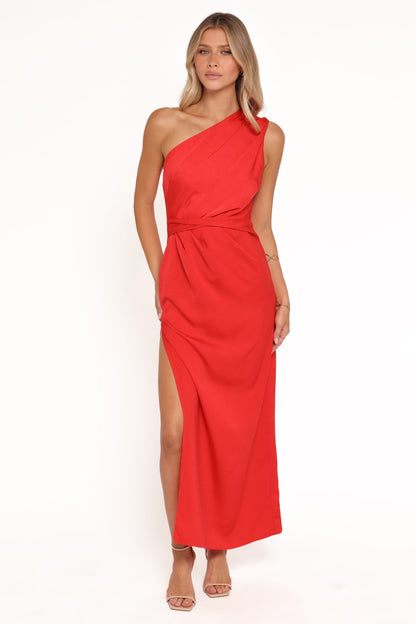 Red Jacquard Satin Nadia One-Shoulder Maxi Dress in Navy