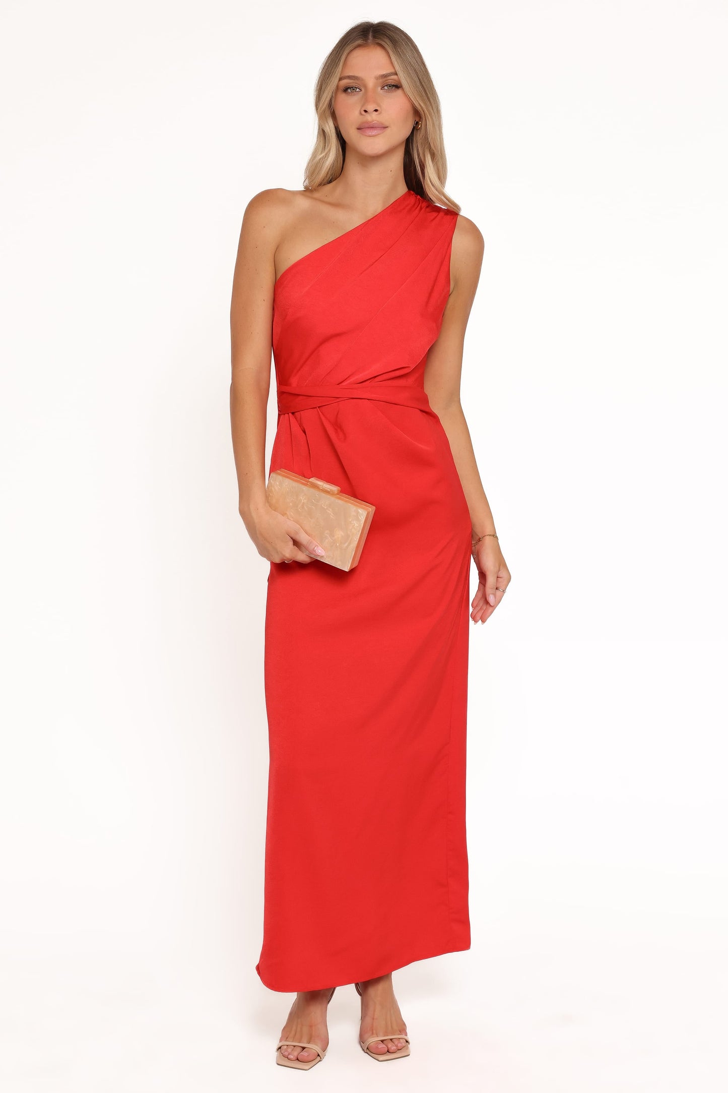 Red Jacquard Satin Nadia One-Shoulder Maxi Dress in Navy