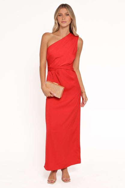 Red Jacquard Satin Nadia One-Shoulder Maxi Dress in Navy