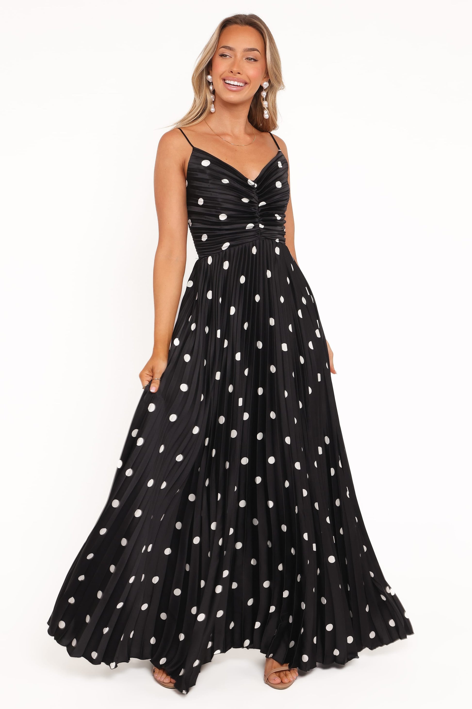 Black Polka Dot Naira Pleated Maxi Dress