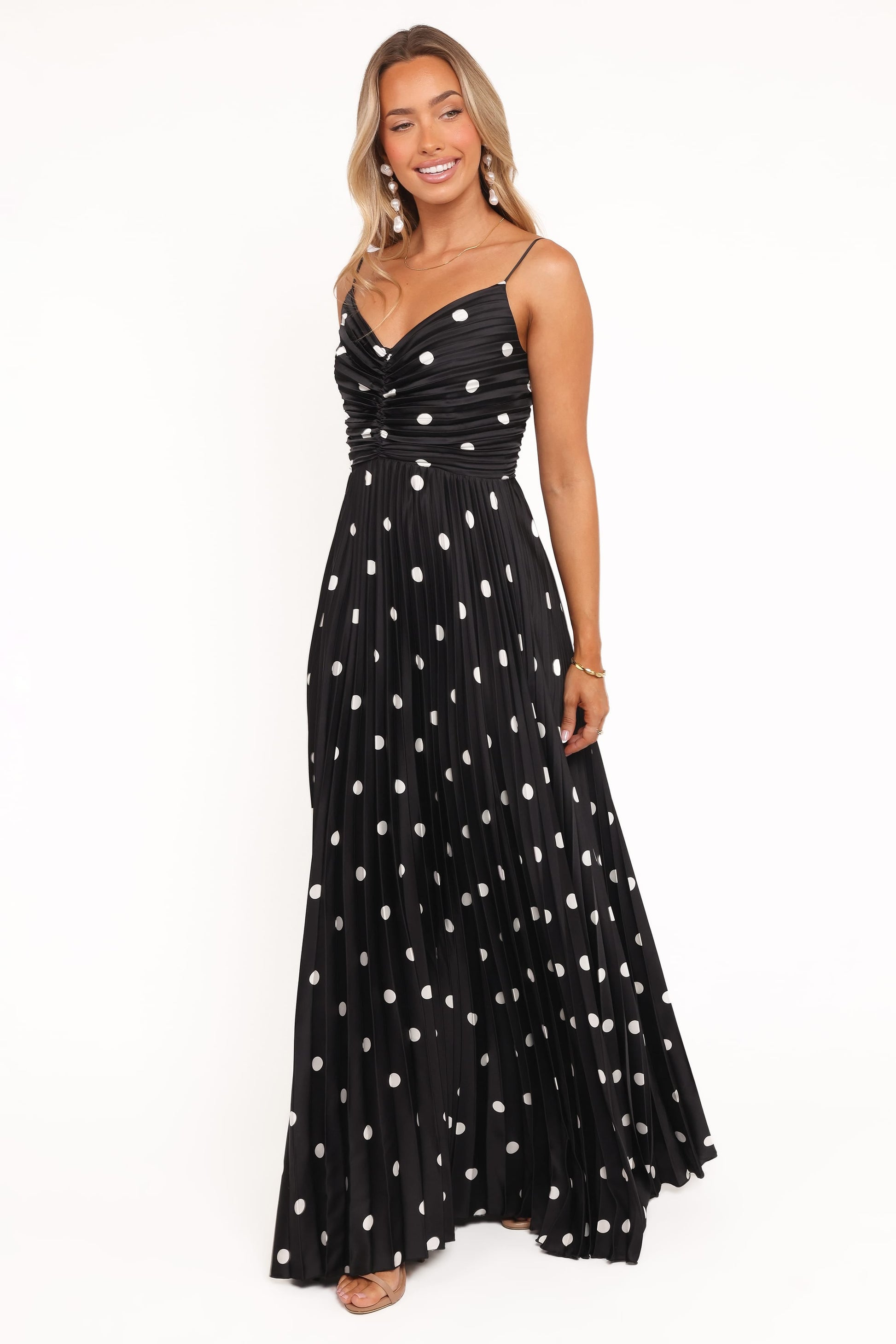 Black Polka Dot Naira Pleated Maxi Dress