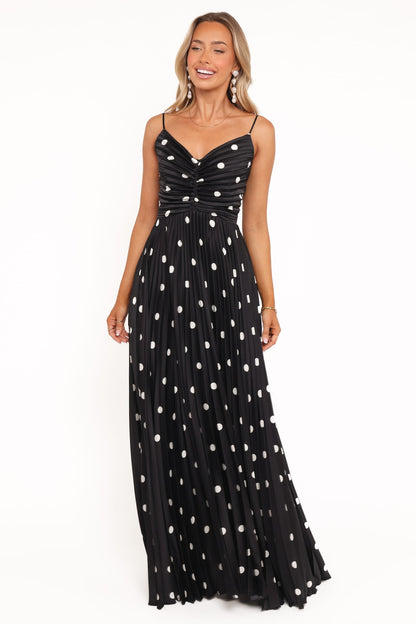 Black Polka Dot Naira Pleated Maxi Dress